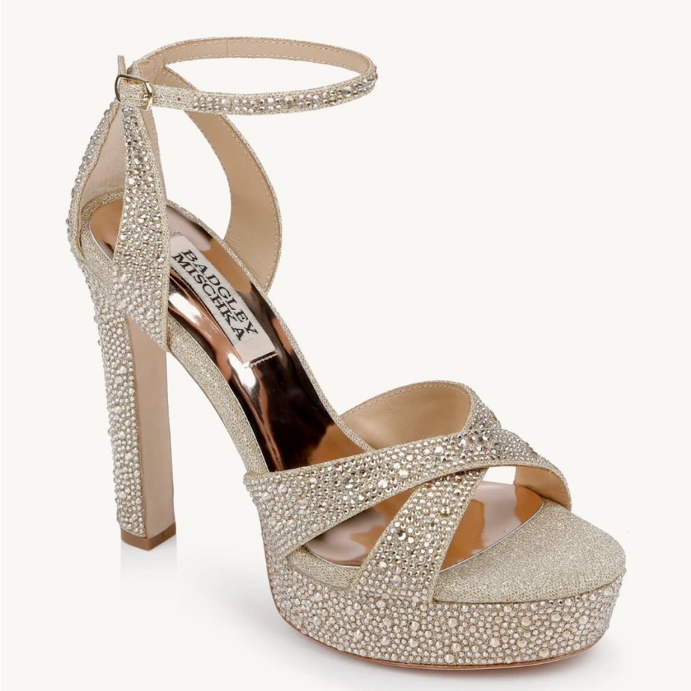 Jewel Badgley Mischka Fizzy Rhinestone Gold & Rose Gold Platform Heels Sz 9‎ B55